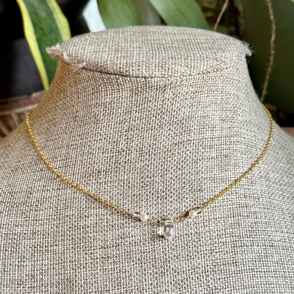Dainty Quartz Pearl & Aquamarine Necklace